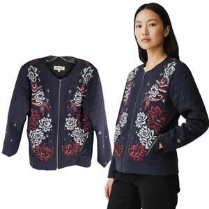 Anhha Floral Embellished Navy Bomber Jacket Full Zip Size L